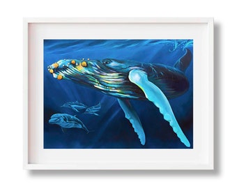 Humpback Whale Print, Spinner Dolphins Art, Sunrise Shells, Kauai Hawaii Artist