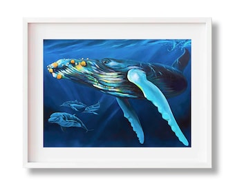 ザトウクジラの版画、スピナーイルカのアート、日の出貝、カウアイ島ハワイのアーティスト