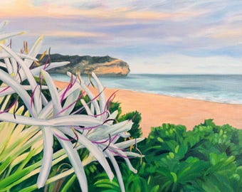 Original Acrylic Painting, Shipwrecks Beach Kauai, Spider Lilies Coastal Sunset Seascape, Hawaii Wall Art