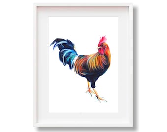 May include: A colorful painting of a rooster with a red comb and wattle, blue and black feathers, and a yellow and orange body. The rooster is standing on a white background.
