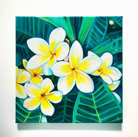 黄色のプルメリアの花束の絵画、フランジパニのプリント、カウアイ島製