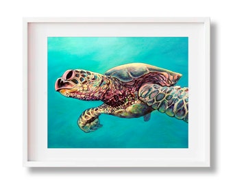 Hawaiian Honu, Kauai Sea Turtle Print, Hawaii Artist, Sealife Art