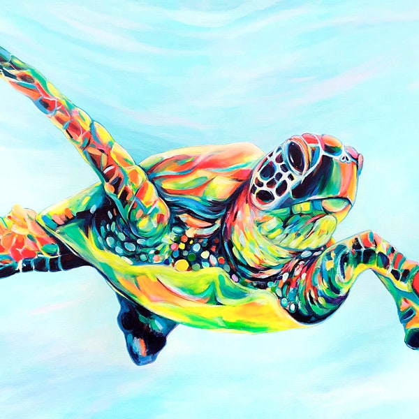 Floating Honu, Sea Turtle Print, Kauai Hawaii, Honu Wall Art, Hawaii Artist