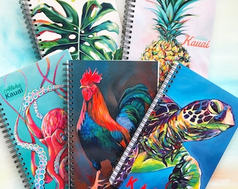 Aloha Kauai Notebook, Tropical Hawaii Art, Lined Spiral Journal