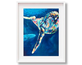 Whale Art, “Whale Song”, Humpback Whale Painting, Rainbow Whale Print, Kauai Artist, Hawaii Art