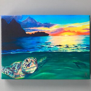 May include: A painting of a green sea turtle swimming in the ocean at sunset. The turtle is in the foreground, and the sunset is in the background. The ocean is a vibrant blue and green, and the sky is a mix of orange, pink, and purple.