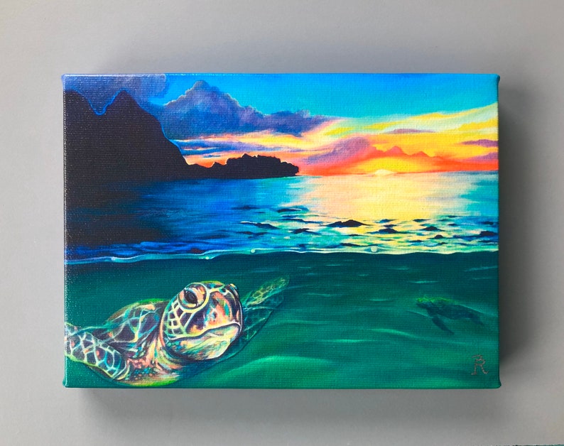 May include: A painting of a green sea turtle swimming in the ocean at sunset. The turtle is in the foreground, and the sunset is in the background. The ocean is a vibrant blue and green, and the sky is a mix of orange, pink, and purple.