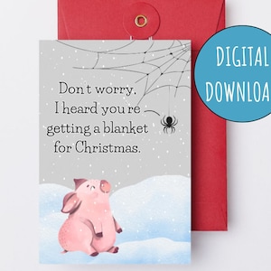 Carte de Noël drôle imprimable DIY araignée et cochon dans une couverture Carte numérique drôle de vacances Carte de Noël humour noir Aquarelle minimaliste