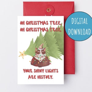Carte de Noël drôle de chat imprimable DIY Oh arbre de Noël Carte de Noël numérique drôle de chat Carte de Noël pour amoureux des chats Chat emmêlé dans des lumières d'arbre