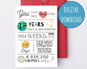 17th Birthday Card Printable You Have Been Loved 17 Years Seventeenth Birthday Instant Download E-Card Kids Digital Birthday Card