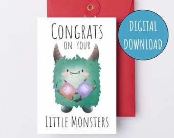 Congrats on Your Little Monsters Printable Baby Shower Card Twins Gender Neutral Digital Baby Card Halloween Baby Shower E-Card Pregnancy