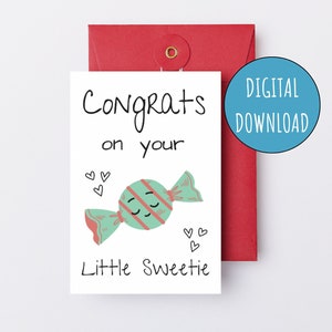 Felicitaciones por su pequeña tarjeta de baby shower imprimible Sweetie Tarjeta de bebé digital neutral de género para baby shower Candy Tarjeta de embarazo de nueva mamá