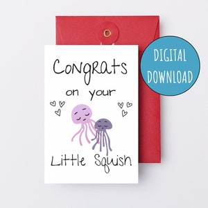 Parabéns pelo seu cartão de chá de bebê imprimível Little Squish Cartão de bebê digital neutro de gênero para chá de bebê Jellyfish Cartão de gravidez de nova mãe