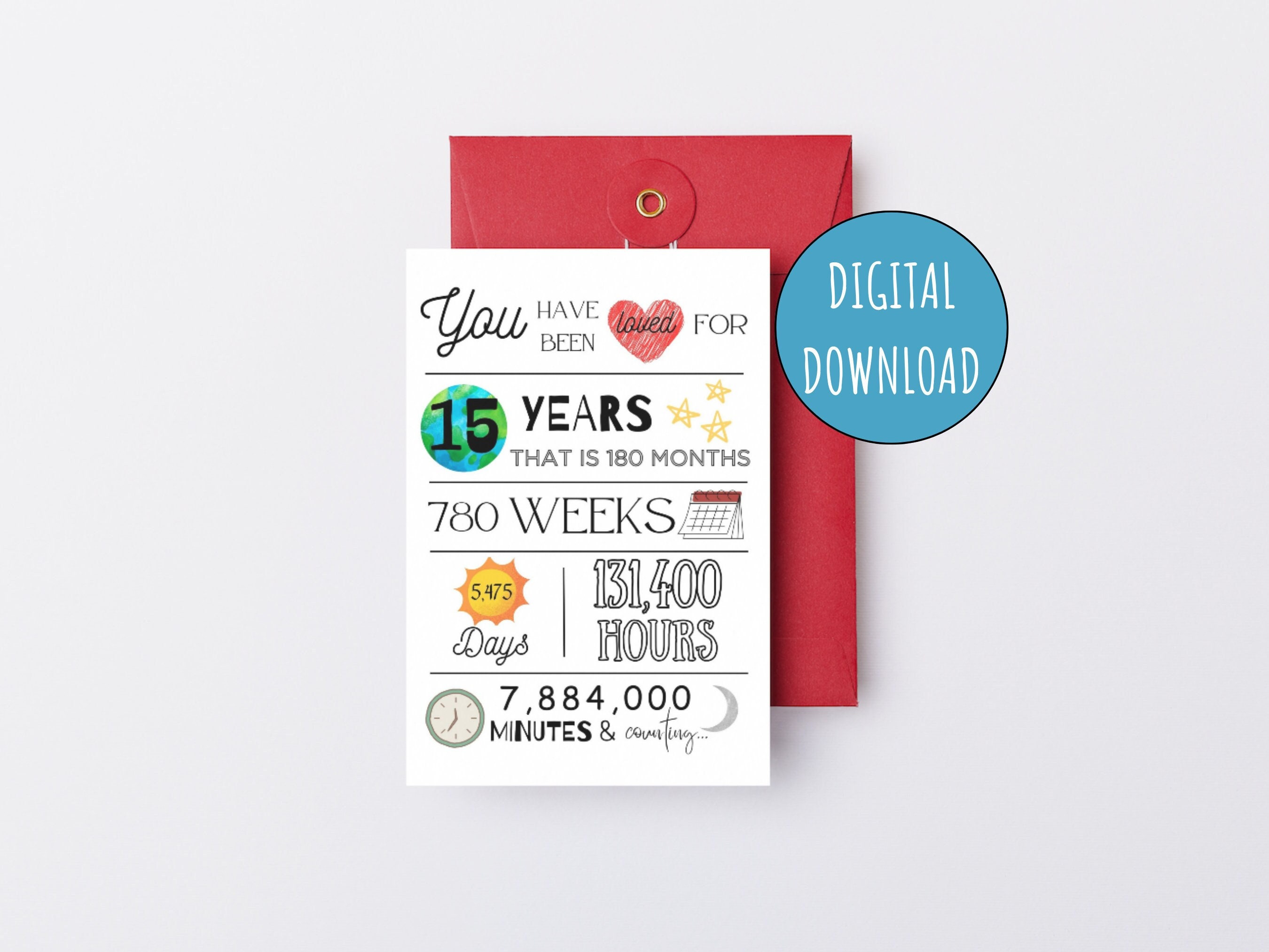 15th Birthday Card Printable You Have Been Loved 15 Years Fifteenth Birthday Instant Download E-Card Kids Digital Birthday Card