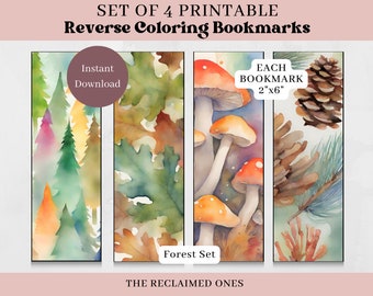 Printable Reverse Coloring Bookmarks Set of 4 Forest Bookmarks Nature Printable Watercolor Bookmarks Inverse Coloring Book Lovers Gift