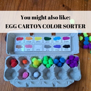 Pode incluir: Um classificador de cores de caixa de ovos com etiquetas para vermelho, laranja, amarelo, verde, azul, roxo, marrom, rosa, branco, cinza, &iacute;ndigo e preto. A caixa est&aacute; cheia de pompons coloridos.