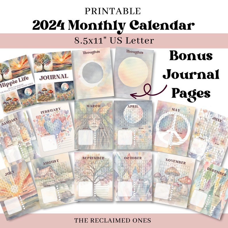 2024 Calendar Printable Hippie Calendar for Crunchy People Good Vibes