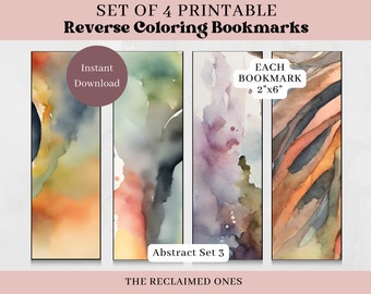Printable Reverse Coloring Bookmarks Set of 4 Abstract Printable Watercolor Bookmarks Inverse Coloring Book Lovers Gift 3rd Set