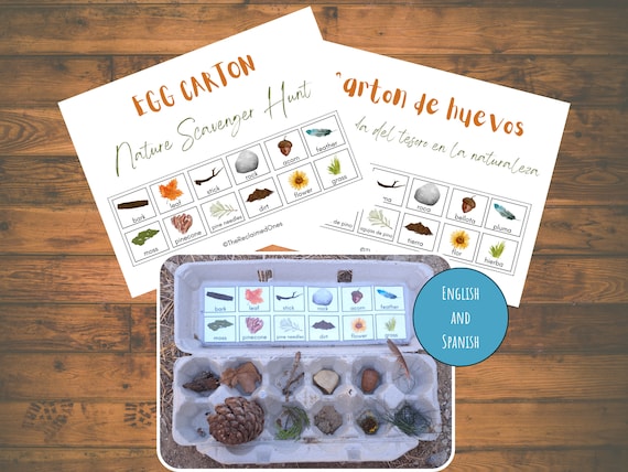 Egg Carton Nature Scavenger Hunt Printable Fall Scavenger Hunt Printable Autumn Bilingual Printable Spanish Pre-K Kindergarten Homeschool