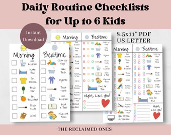 Printable Kids Daily Routine Checklist for Multiple Kids Morning Bedtime Morning Night Routine Charts Responsibility Checklists Screentime