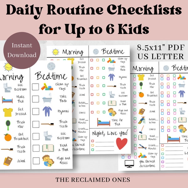 Printable Kids Daily Routine Checklist for Multiple Kids Morning Bedtime Morning Night Routine Charts Responsibility Checklists Screentime