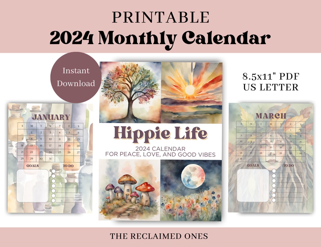 2024 Calendar Printable Hippie Calendar for Crunchy People Good Vibes