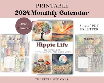 2024 Calendar Printable Hippie Calendar For Crunchy People Good Vibes Digital 2024 Monthly Calendar Peace Love Positive Holistic Calendar