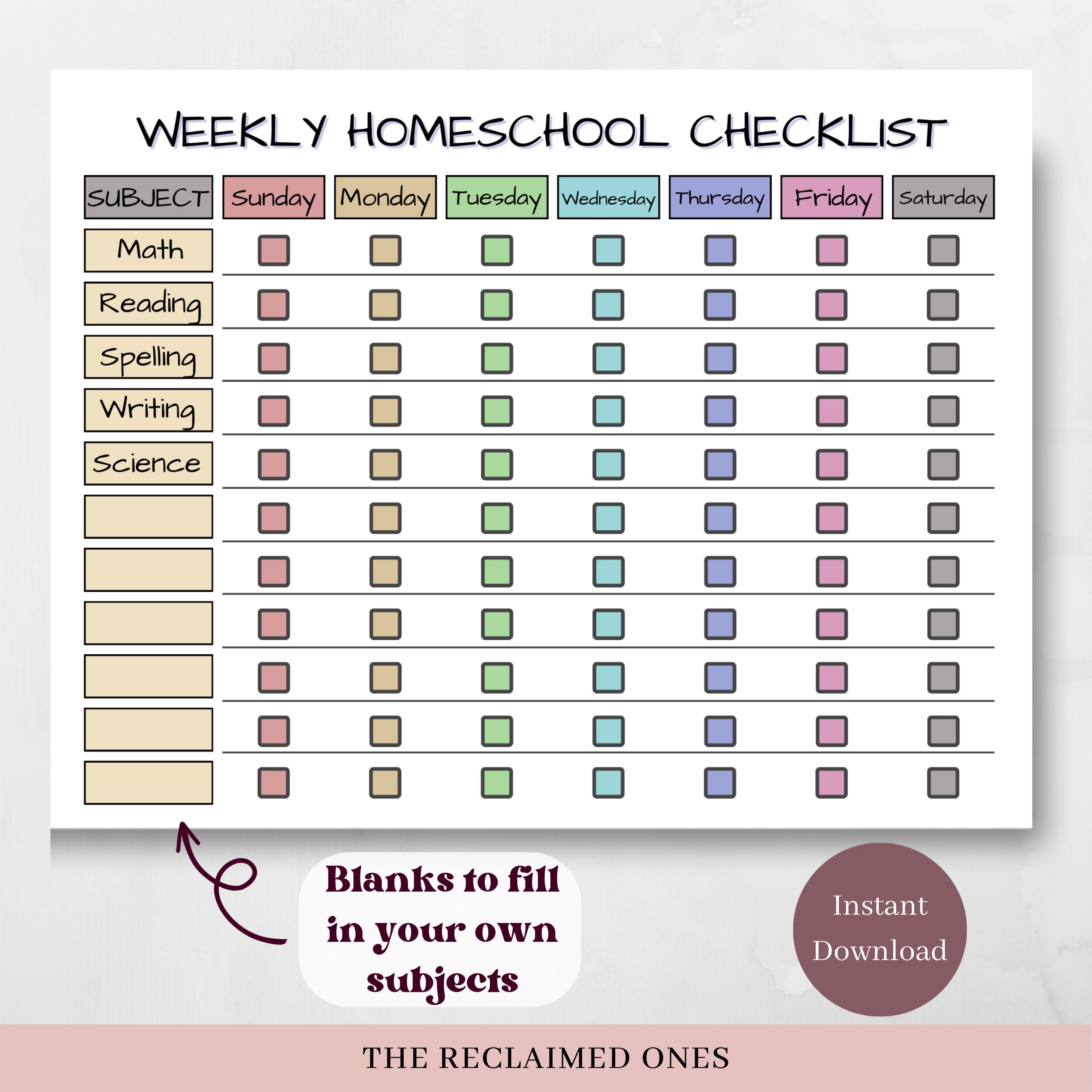 Printable Homeschool Checklist for Multiple Children Weekly Document ...