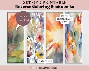 Printable Reverse Coloring Bookmarks Set of 4 Nature Bookmarks Natural Printable Watercolor Bookmarks Inverse Coloring Book Lovers Gift