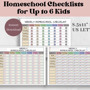 May include: Three printable homeschool checklists for up to six children. Each checklist is a weekly planner with a subject column and columns for each day of the week. Subjects include math, reading, spelling, writing, and science. The checklists are in black and white with colorful checkboxes.