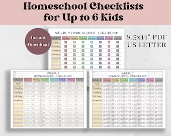 Printable Homeschool Checklist for Multiple Children Weekly Document Unschooling Checklist Planner Chart for 1, 2, 3, 4, 5, 6 Kids Download