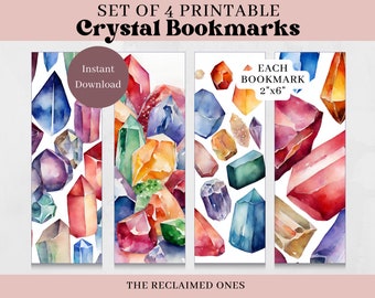 Printable Watercolor Crystal Bookmarks Set of 4 Printable Bookmarks Book Lovers Gift Witchy Bookmarks Nature Reading Rewards for Kids