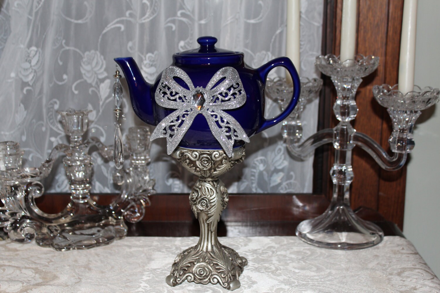 Blue and Silver Teapot Standing Centerpiece or Vase Wedding Bridal or Baby Shower High Tea Wonderland Mad Hatter Tea Party