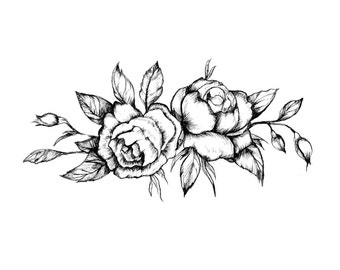 Black Vintage Rose Tattoo (Set of 2) - Floral Temporary Tattoo - Gift Under 5 - Gift for Her - Music Festival Accessories