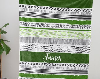 Green Aztec Baby Blanket, Personalized boho name blanket