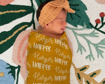 Personalized Baby Swaddle Blanket  - stretchy jersey with color background and white text, Style 106