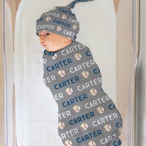 Personalized Baseball Swaddle Blanket, Baseball Sports Gift, Swaddle and Hat Sold Individually