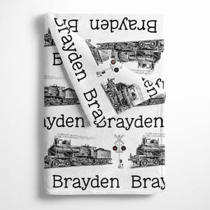 Personalized baby blanket with Trains, baby boy blanket, monogram name blanket, train baby blanket