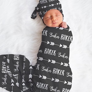 Personalized Baby Swaddle Blanket, Knot hat, Baby Shower Gift / Custom Print Name with arrows - Each Sold Separately