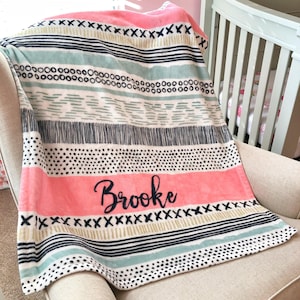 Personalized baby blanket, Custom blanket, Cozy name blanket - Coral Aztec