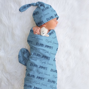 Personalized Baby Boy Custom Blue Name Swaddle For Newborn Baby, Gender Neutral Blue Newborn Baby Photo Prop, Baby Boy Gift