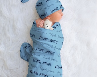 Personalized Baby Boy Custom Blue Name Swaddle For Newborn Baby, Gender Neutral Blue Newborn Baby Photo Prop, Baby Boy Gift