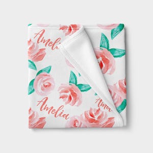 Personalized baby girl blanket, Rose floral,  Rose Watercolor Collection