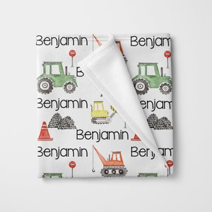 Personalized Baby Boy Blanket with Tractors, Construction site blanket, Baby Shower Gift