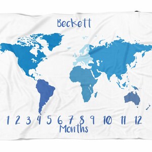 Couverture mensuelle pour bébé avec carte du monde - Ajoutez votre nom
