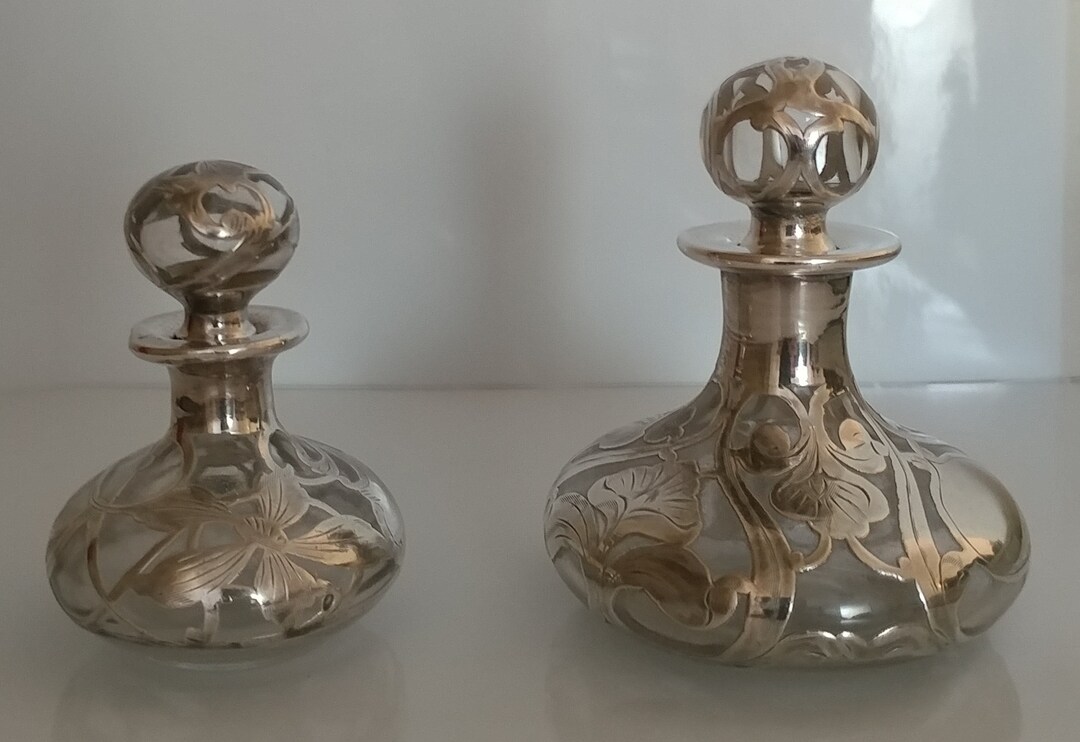 Pair Vintage Glass Vanity Jars With Silver Overlay Etsy