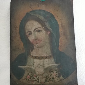 Religious Retablo of Virgin Mary and Holy Spirit