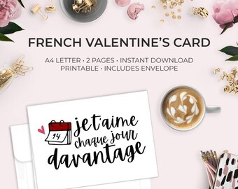 French Valentine's Day Printable Greeting Card – Je t’aime chaque jour davantage