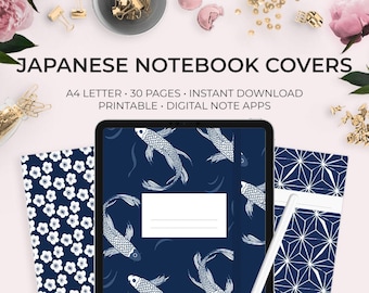 Japanese Digital Notebook Covers and Dividers Navy Blue Pattern Asian Flowers Floral Elastic Band Goodnotes Notability Japan Sakura Blossoms