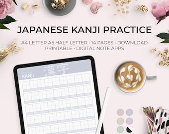 Puede incluir: Una tableta digital que muestra una hoja de práctica de kanji japonés imprimible con el carácter 漢字 (kanji) y la palabra "KANJI" escrita en la parte superior. La hoja está dividida en cuadrados para practicar la escritura del carácter. La tableta está sobre una superficie rosa con una taza de café, un estuche de lápices y unas tijeras.